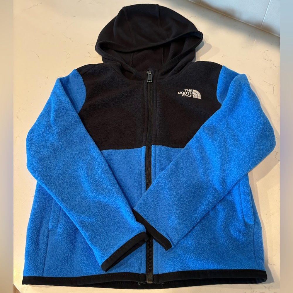 The North Face toddler blue and black hooded fleece zip up jacket size 4